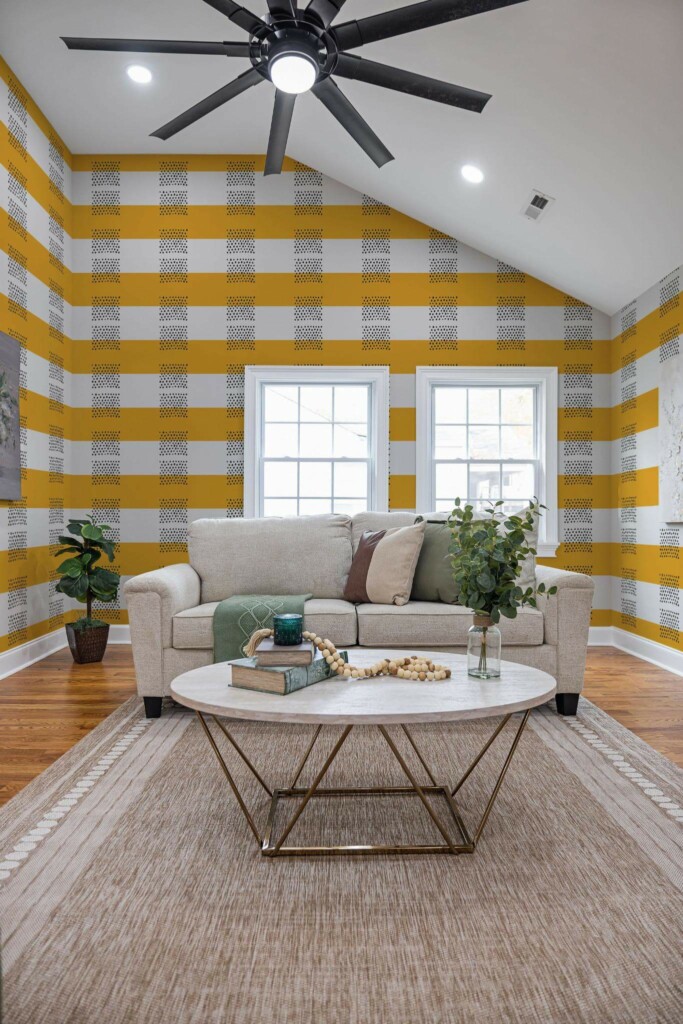 Scandinavian style living room decorated with Abstract wide stripe peel and stick wallpaper
