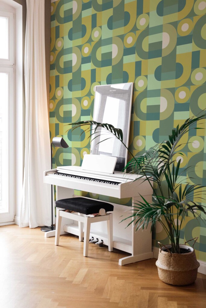 Fancy Walls peel and stick wallpaper with sage green Bauhaus geometric pattern