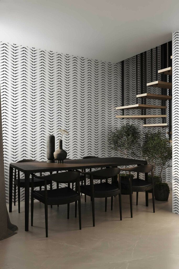 Modern industrial style dining room decorated with Accent herringbone peel and stick wallpaper