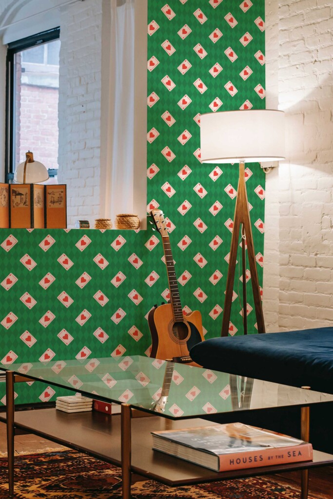 Fancy Walls peel and stick wallpaper with red hearts and green background