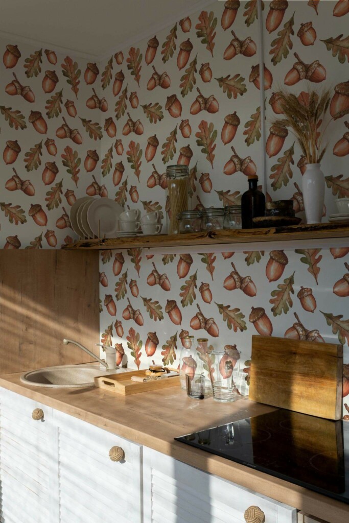 Minimal bohemian style kitchen decorated with Acorn peel and stick wallpaper