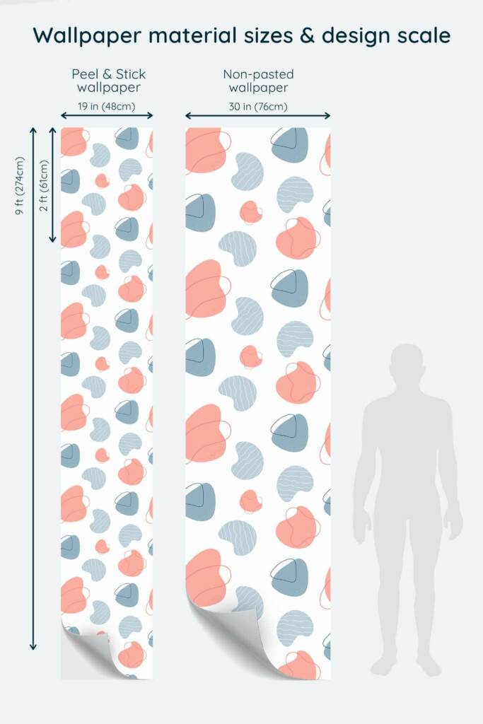 Size comparison of Aesthetic abstract Peel & Stick and Non-pasted wallpapers with design scale relative to human figure