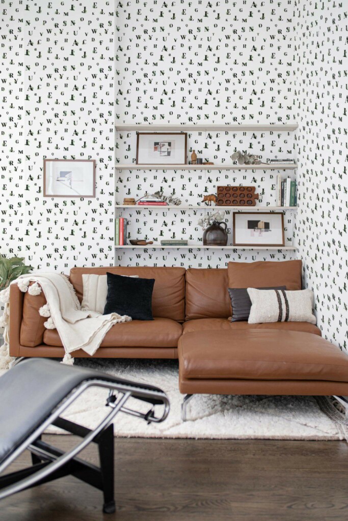 Mid-century modern style dining room decorated with Aesthetic alphabet peel and stick wallpaper