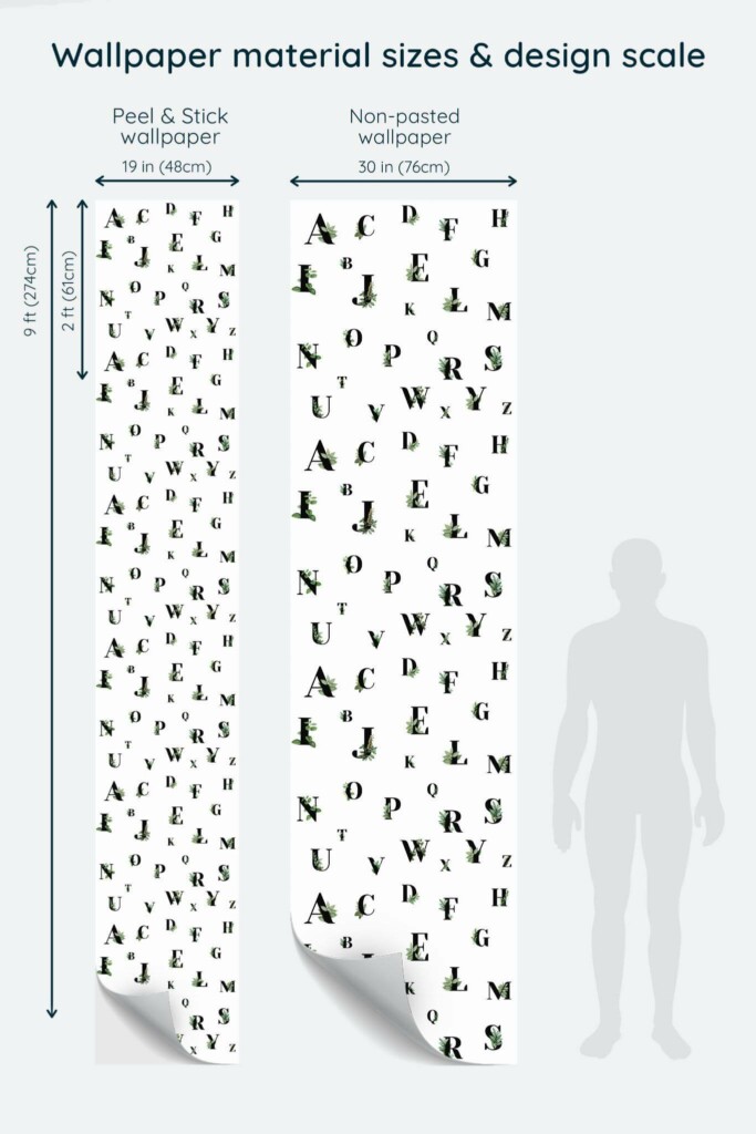 Size comparison of Aesthetic alphabet Peel & Stick and Non-pasted wallpapers with design scale relative to human figure