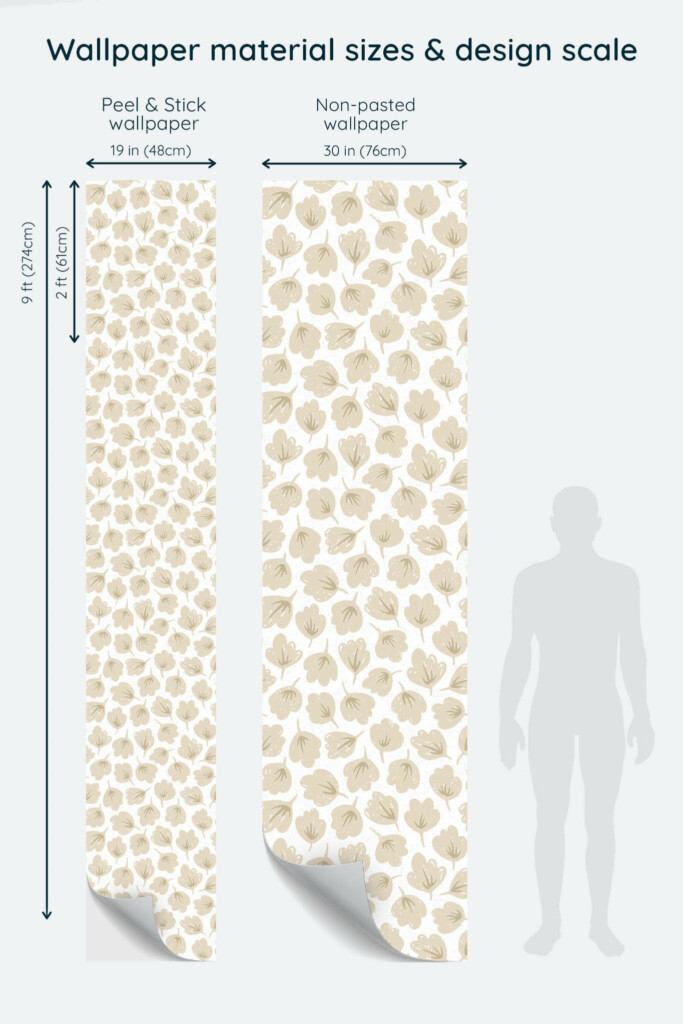 Size comparison of Aesthetic beige leaf Peel & Stick and Non-pasted wallpapers with design scale relative to human figure