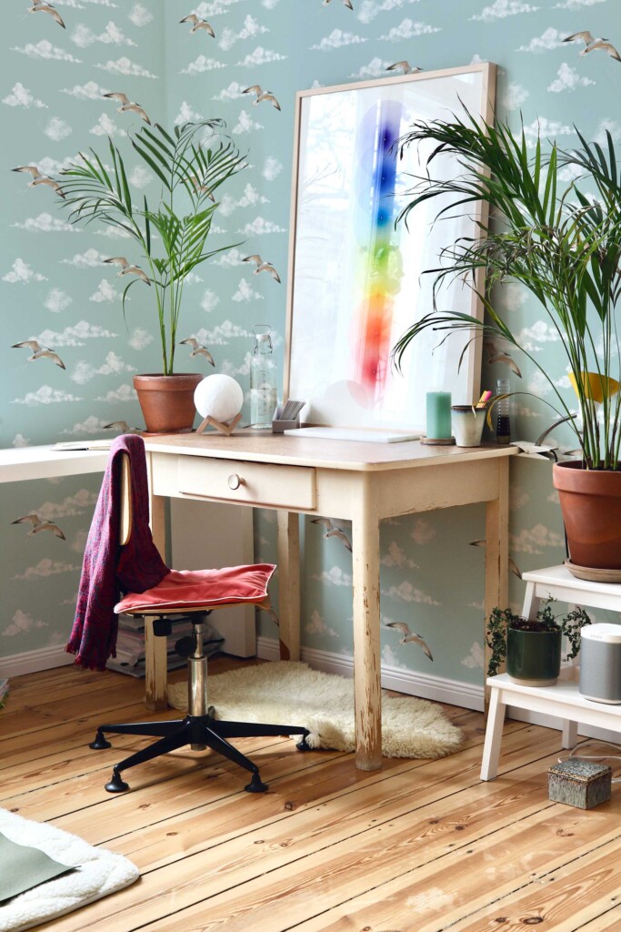 Fancy Walls self-adhesive wallpaper with flying birds in dusty blue