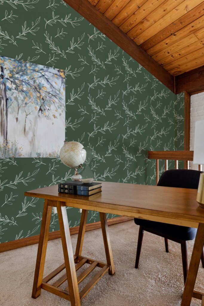 Farmhouse rustic style home office decorated with Aesthetic boho leaf peel and stick wallpaper