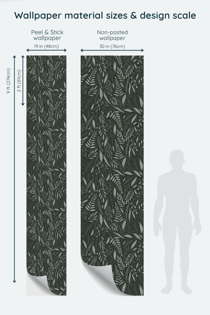 Size comparison of Aesthetic botanical Peel & Stick and Non-pasted wallpapers with design scale relative to human figure
