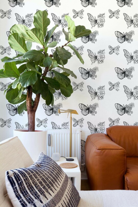 Mid-century style living room decorated with Aesthetic butterfly peel and stick wallpaper