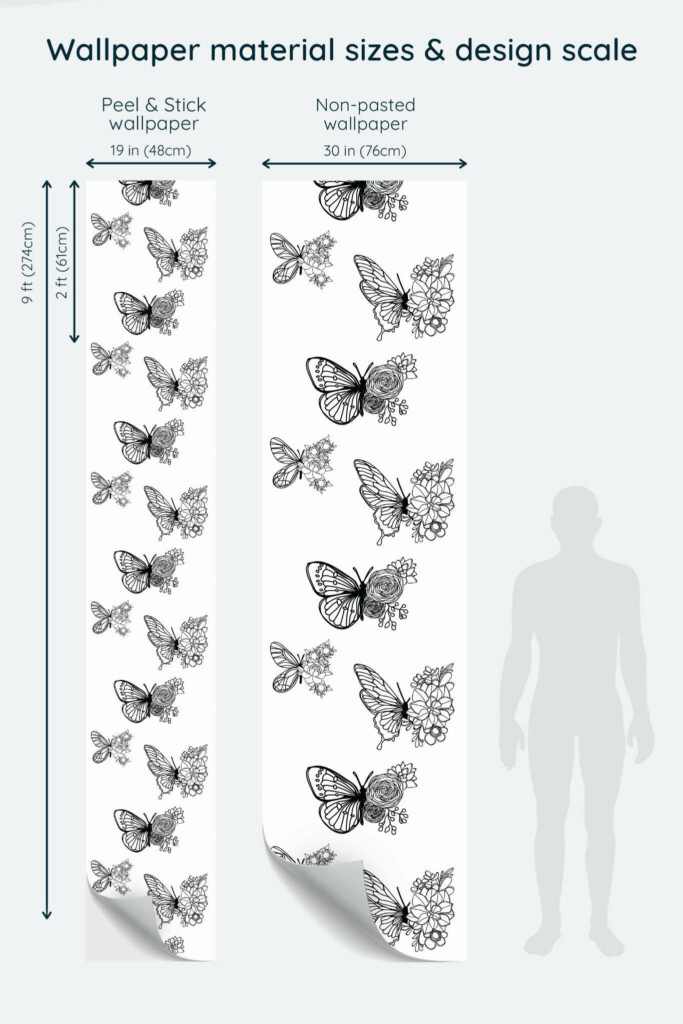 Size comparison of Aesthetic butterfly Peel & Stick and Non-pasted wallpapers with design scale relative to human figure