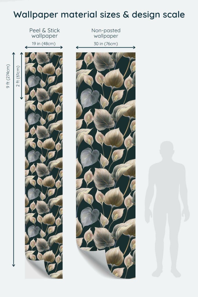 Size comparison of Aesthetic calla leaves Peel & Stick and Non-pasted wallpapers with design scale relative to human figure