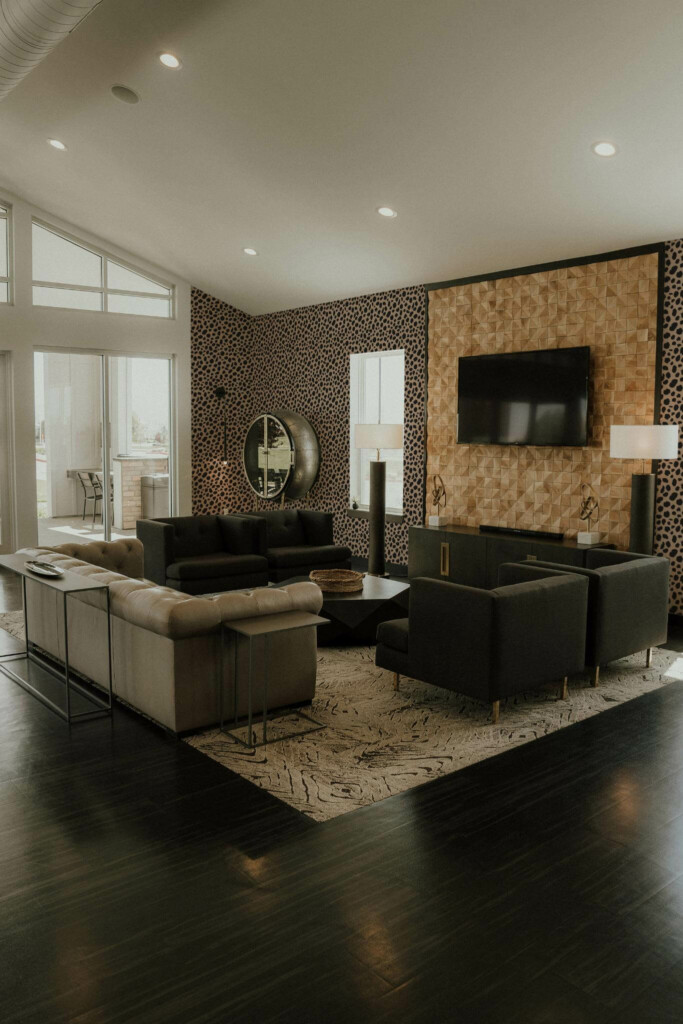 Hollywood glam style living room decorated with Aesthetic cheetah print peel and stick wallpaper