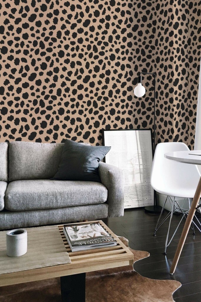 Industrial scandinavian style living room decorated with Aesthetic cheetah print peel and stick wallpaper