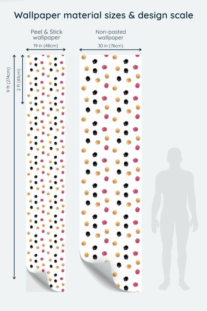 Size comparison of Aesthetic dots Peel & Stick and Non-pasted wallpapers with design scale relative to human figure