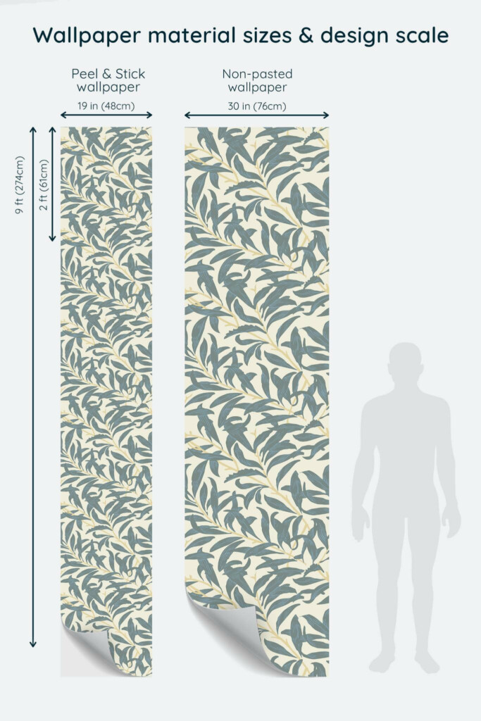 Size comparison of Aesthetic dried leaf Peel & Stick and Non-pasted wallpapers with design scale relative to human figure