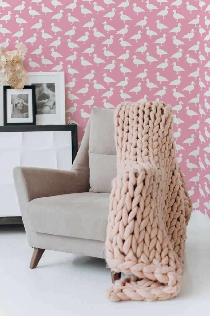 Boho style living room decorated with Aesthetic ducks peel and stick wallpaper