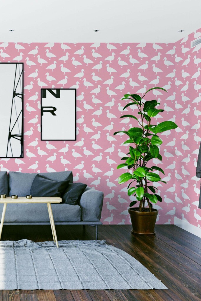 Modern scandinavian style living room decorated with Aesthetic ducks peel and stick wallpaper