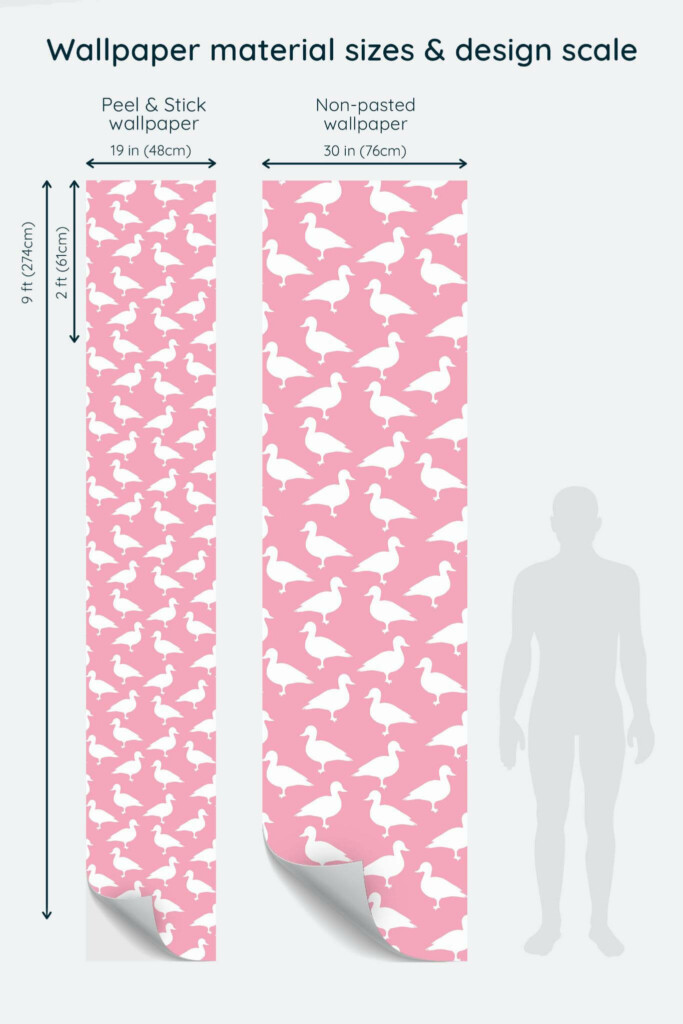 Size comparison of Aesthetic ducks Peel & Stick and Non-pasted wallpapers with design scale relative to human figure
