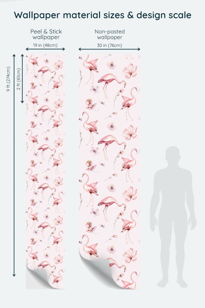 Size comparison of Aesthetic flamingo Peel & Stick and Non-pasted wallpapers with design scale relative to human figure