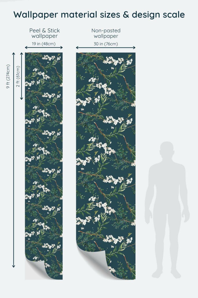 Size comparison of Aesthetic forest Peel & Stick and Non-pasted wallpapers with design scale relative to human figure