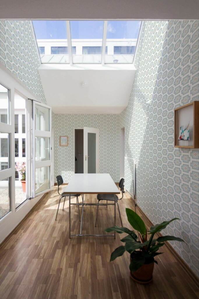 Minimal style dining room next to a balcony decorated with Aesthetic geometry peel and stick wallpaper