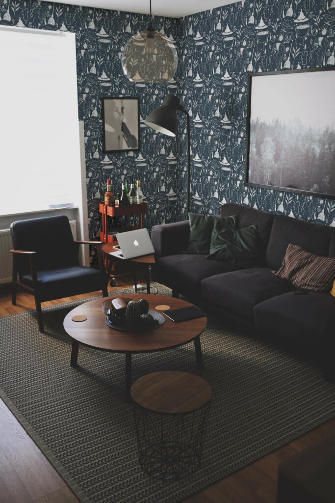 Modern dark industrial style living room decorated with Aesthetic halloween elements peel and stick wallpaper