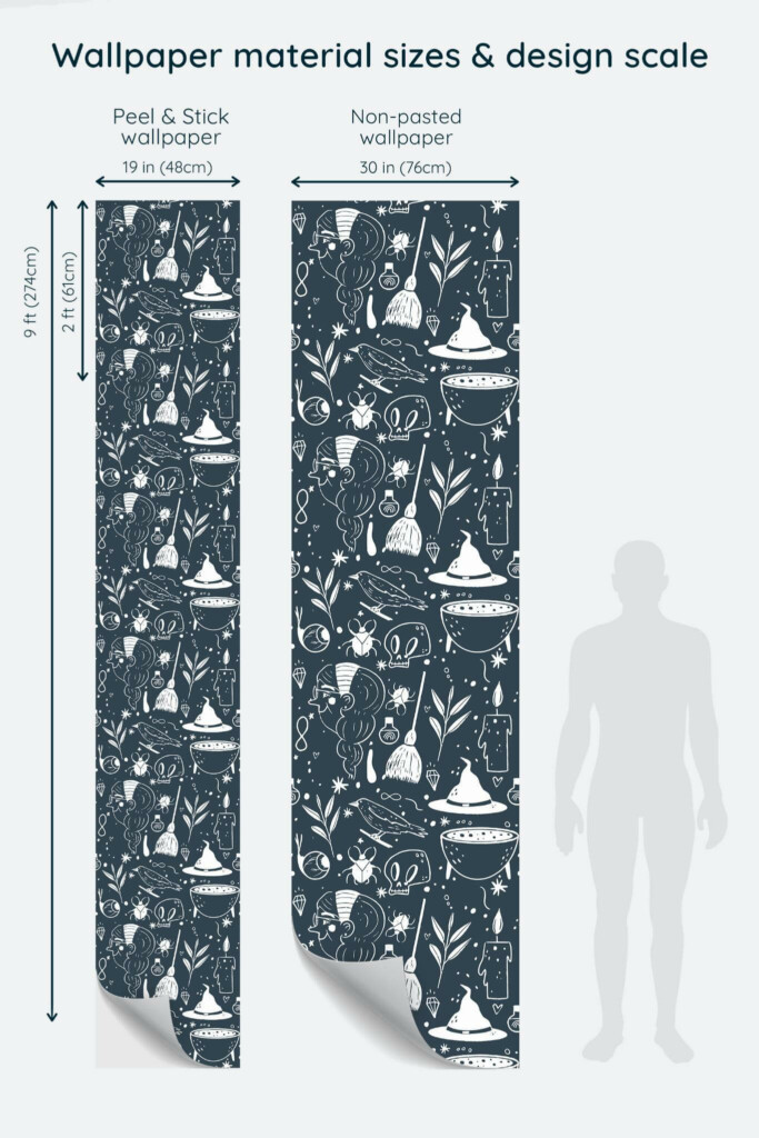 Size comparison of Aesthetic Halloween Elements Peel & Stick and Non-pasted wallpapers with design scale relative to human figure