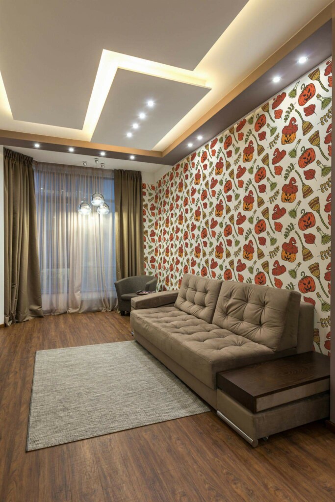 Modern Eastern European style living room decorated with Aesthetic halloween peel and stick wallpaper