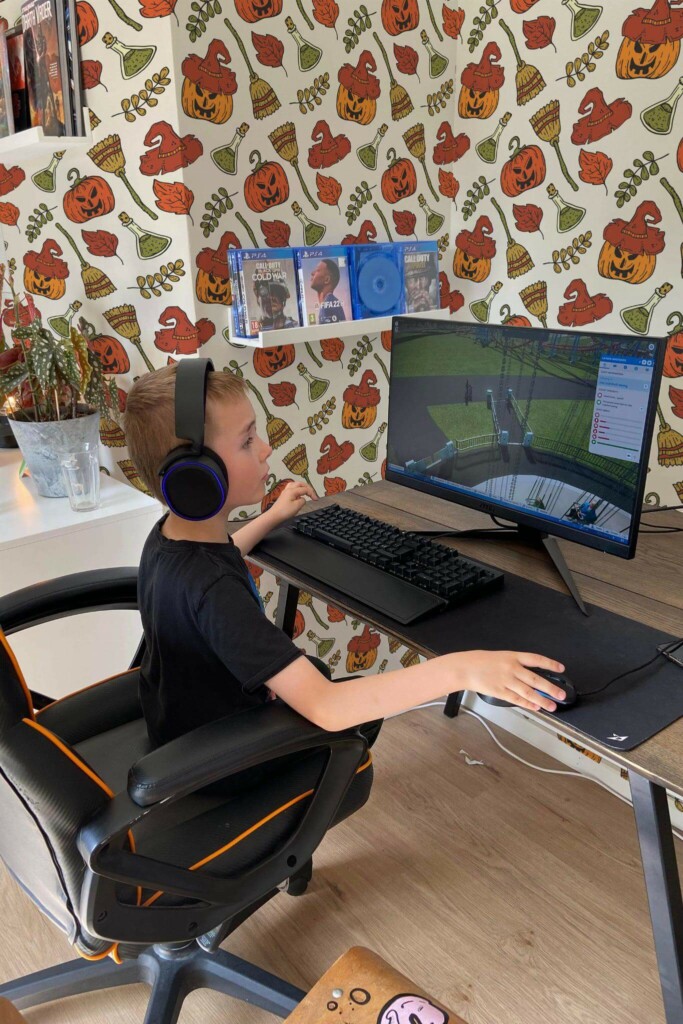 Scandinavian style gaming room decorated with Aesthetic halloween peel and stick wallpaper