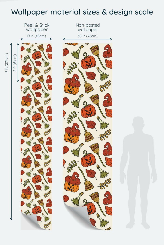 Size comparison of Aesthetic Halloween Peel & Stick and Non-pasted wallpapers with design scale relative to human figure