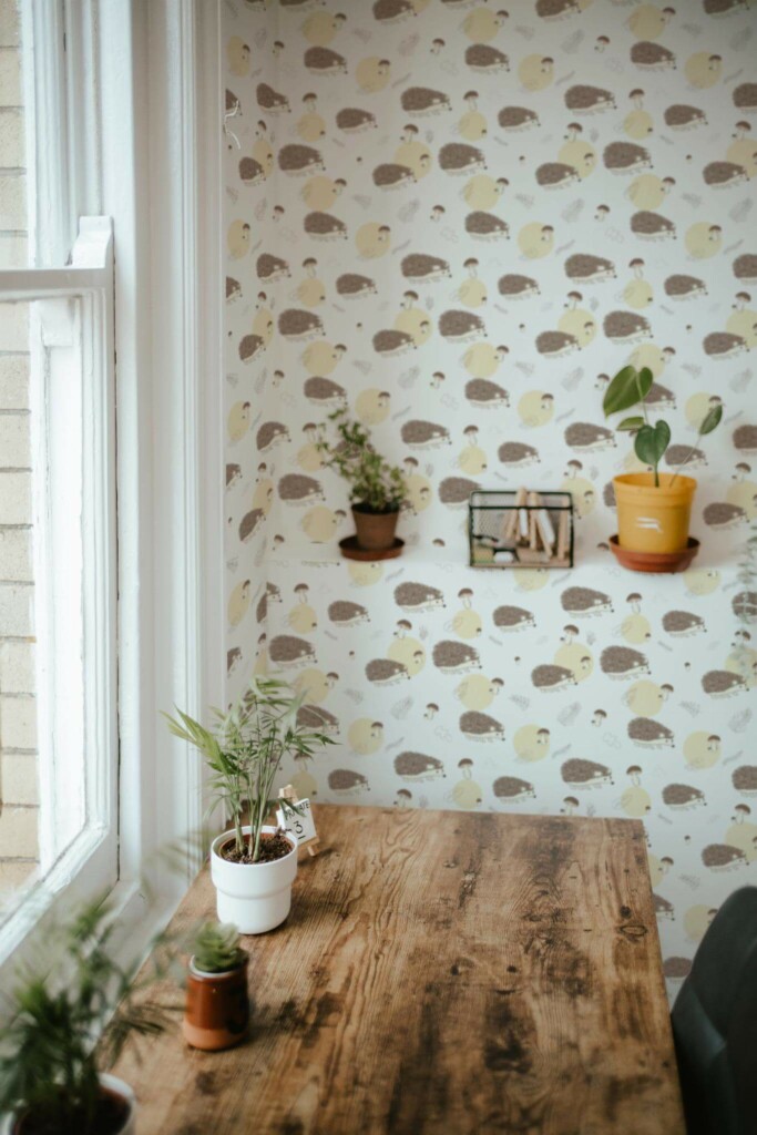 Farmhouse style home office decorated with Aesthetic hedgehog peel and stick wallpaper