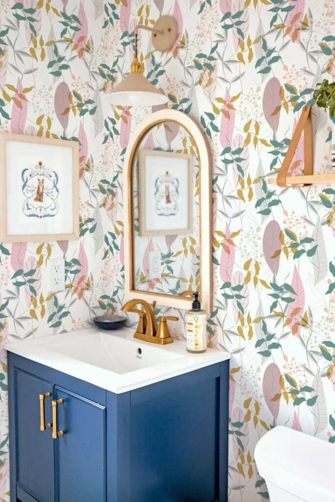 Coastal eclectic style powder room decorated with Aesthetic leaf peel and stick wallpaper