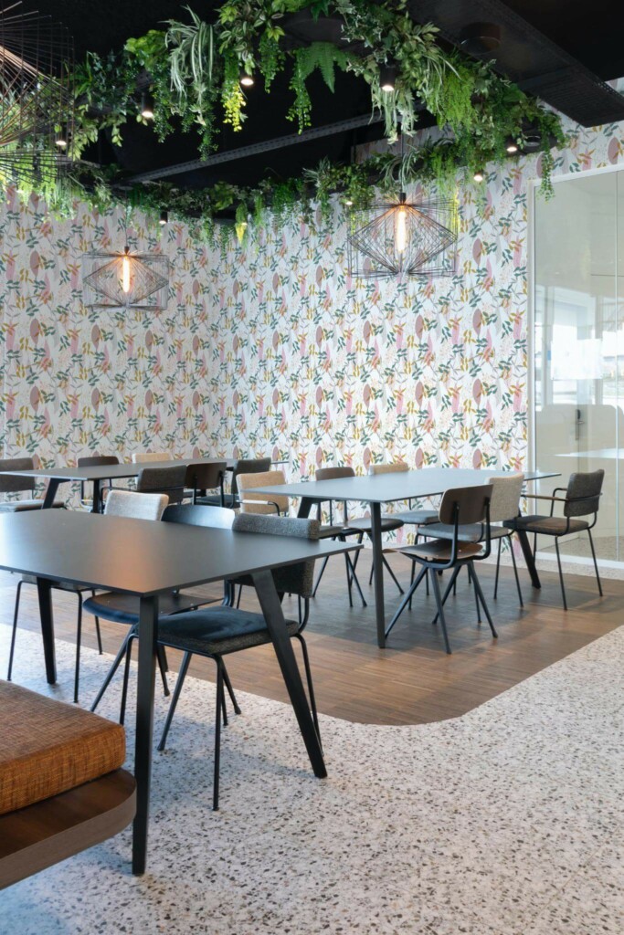 Modern style cafe decorated with Aesthetic leaf peel and stick wallpaper