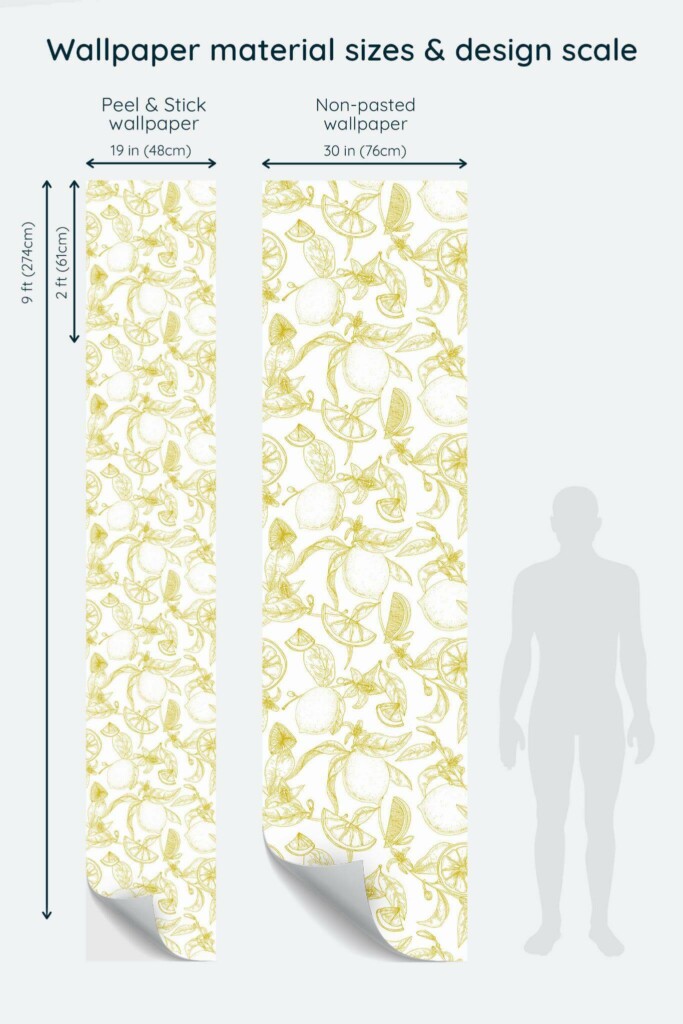 Size comparison of Aesthetic lemon Peel & Stick and Non-pasted wallpapers with design scale relative to human figure