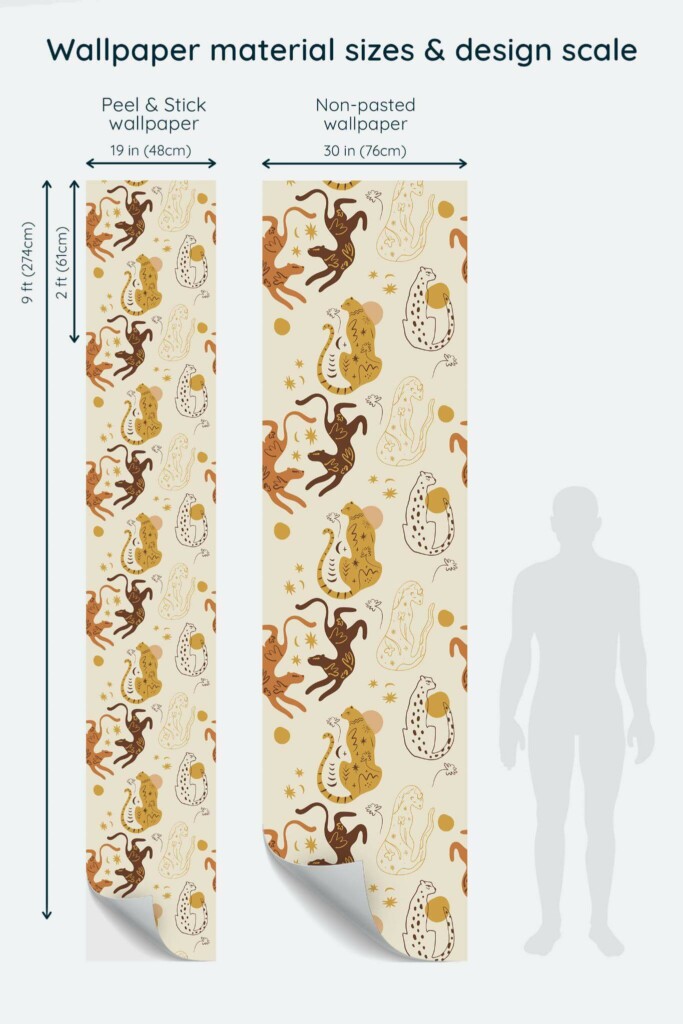 Size comparison of Aesthetic leopard pattern Peel & Stick and Non-pasted wallpapers with design scale relative to human figure