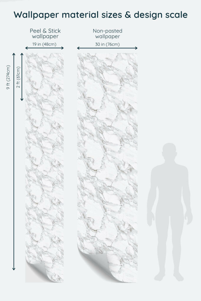 Size comparison of Aesthetic marble Peel & Stick and Non-pasted wallpapers with design scale relative to human figure