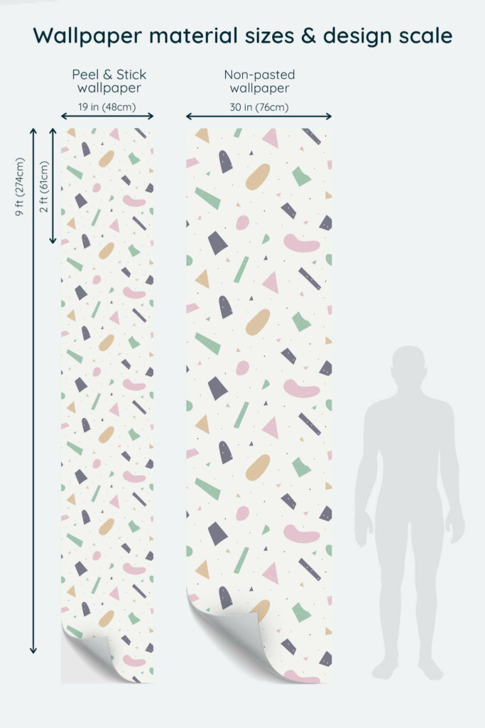 Size comparison of Aesthetic pastel terrazzo Peel & Stick and Non-pasted wallpapers with design scale relative to human figure