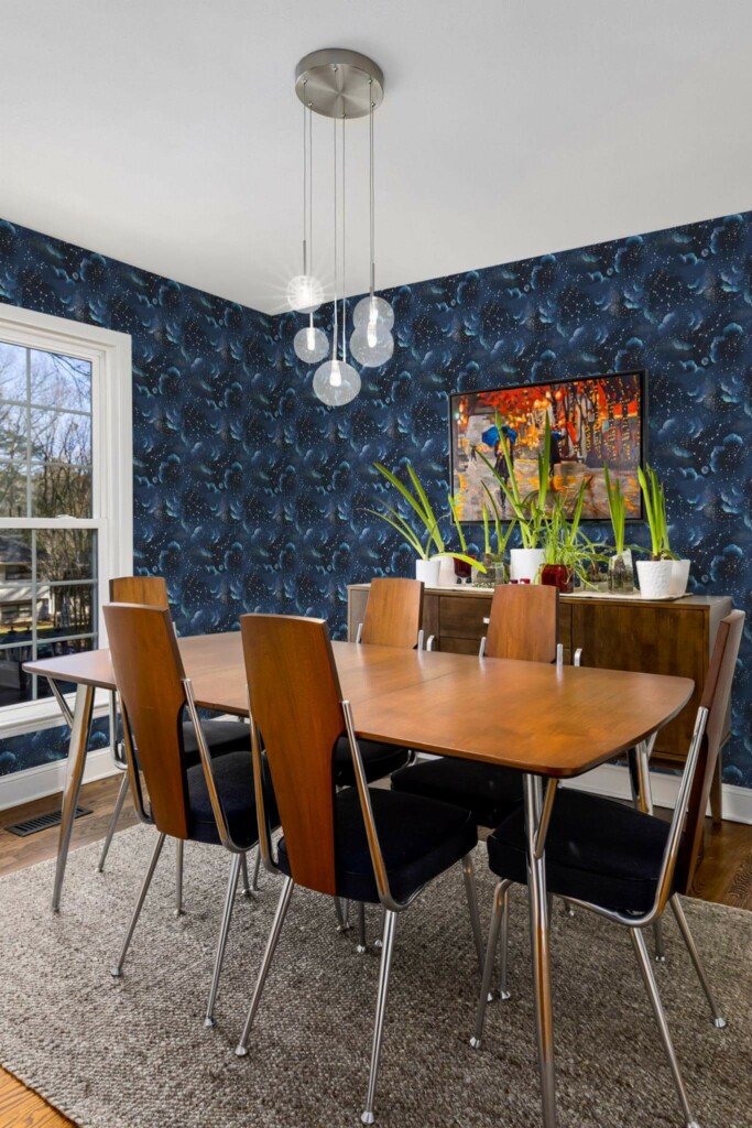 MId-century modern style dining room decorated with Aesthetic stars peel and stick wallpaper