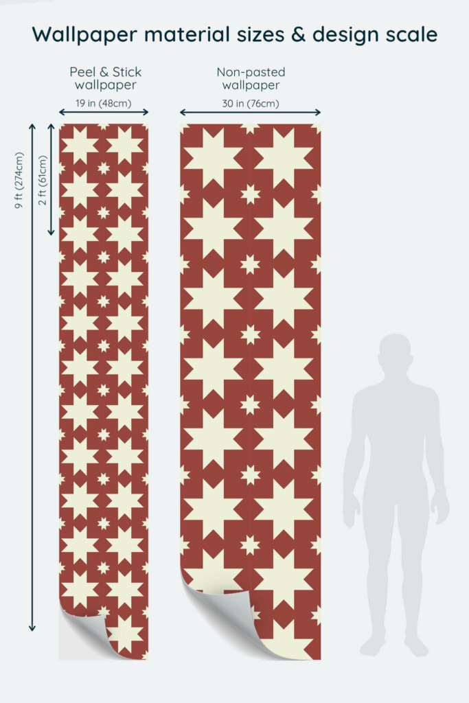 Size comparison of Aesthetic stars Peel & Stick and Non-pasted wallpapers with design scale relative to human figure