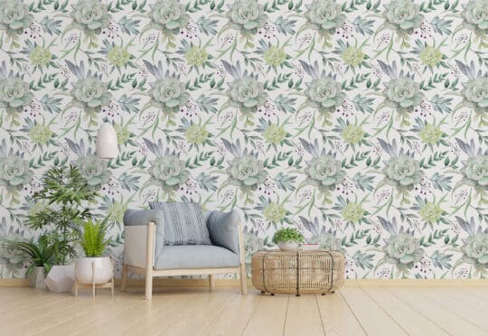 succulent white and green traditional wallpaper