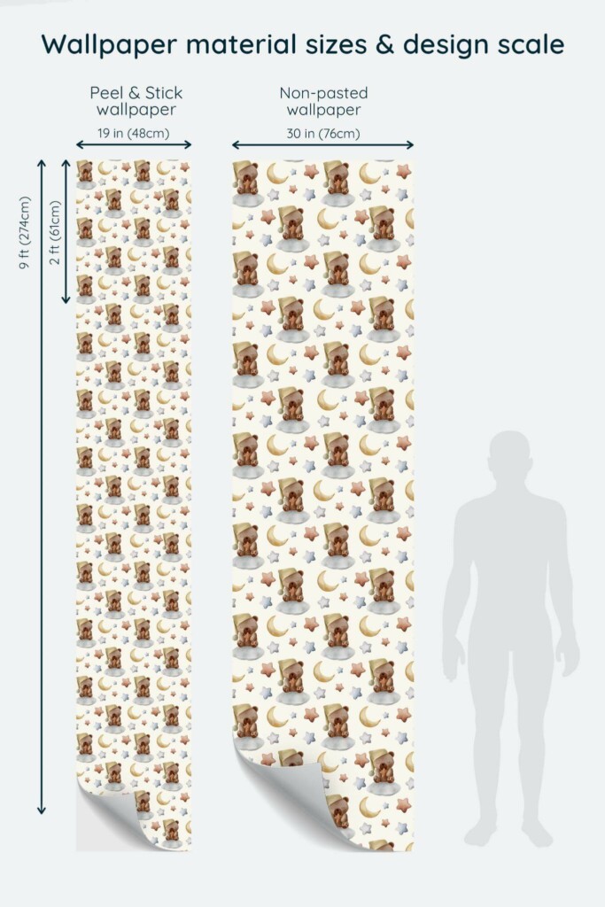 Size comparison of Aesthetic teddy bear Peel & Stick and Non-pasted wallpapers with design scale relative to human figure