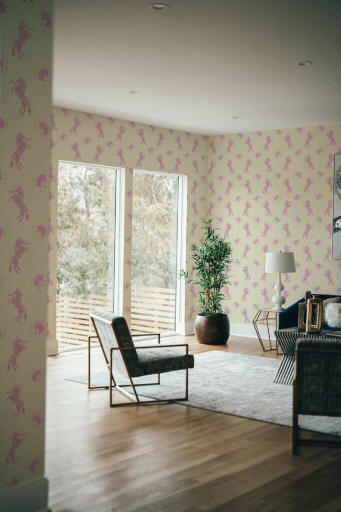 Modern style living room decorated with Aesthetic unicorn peel and stick wallpaper