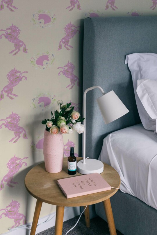 Rustic style bedroom decorated with Aesthetic unicorn peel and stick wallpaper