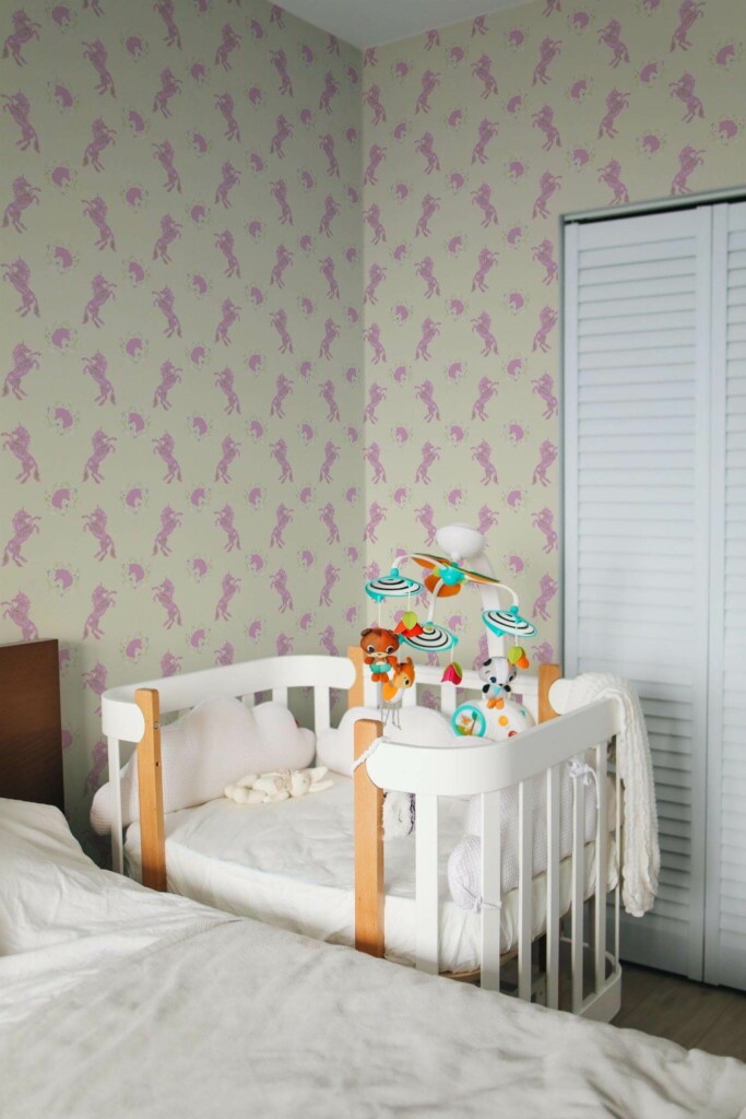 Scandinavian style nursery decorated with Aesthetic unicorn peel and stick wallpaper