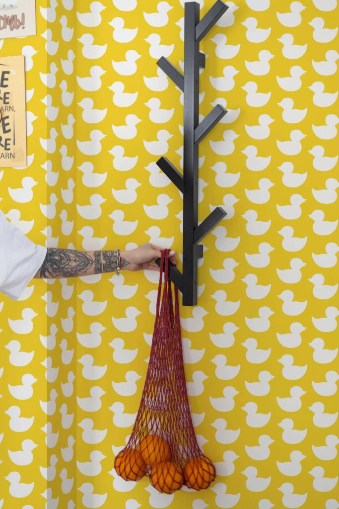 Scandinavian style kitchen decorated with Aesthetic yellow ducks peel and stick wallpaper