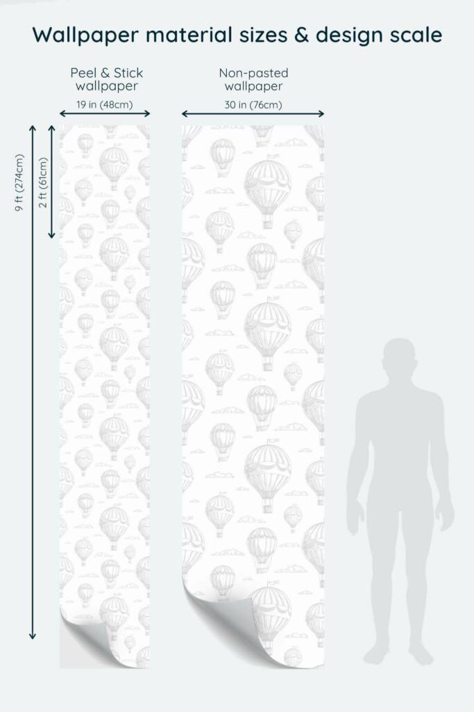 Size comparison of Air baloon Peel & Stick and Non-pasted wallpapers with design scale relative to human figure