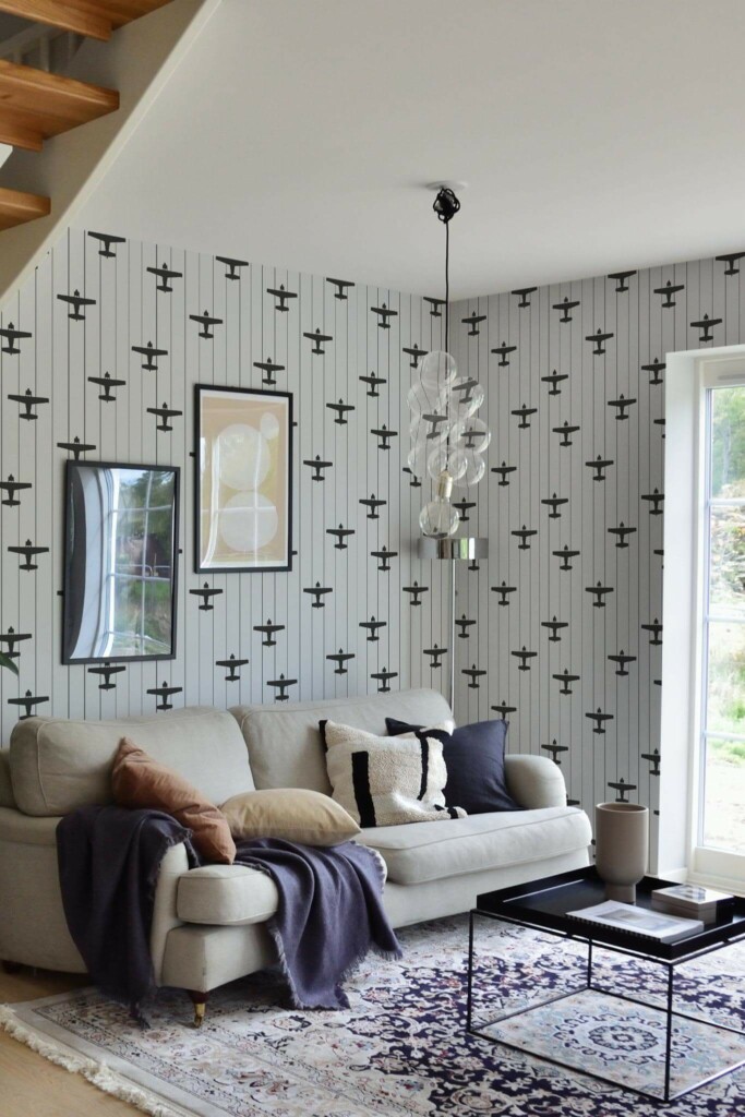 Contemporary style living room and kitchendecorated with Airplane peel and stick wallpaper