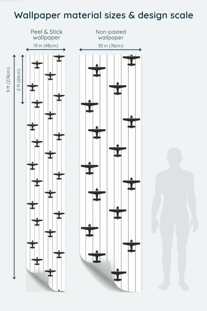 Size comparison of Airplane Peel & Stick and Non-pasted wallpapers with design scale relative to human figure
