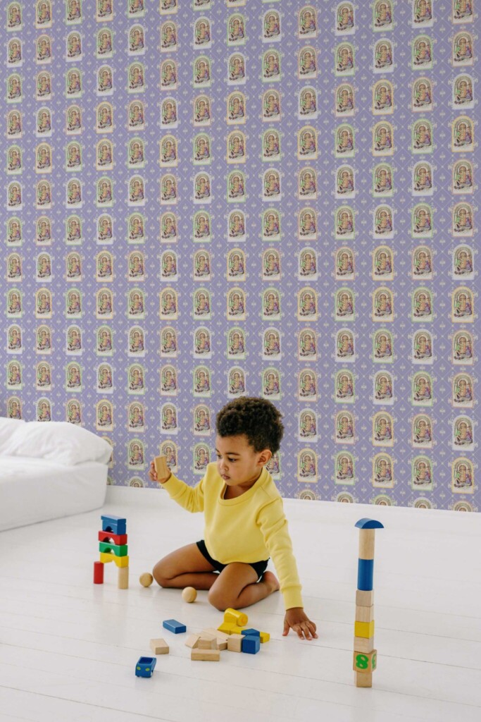 Fancy Walls self-adhesive wallpaper with Alice and Wonderland frog scene in purple