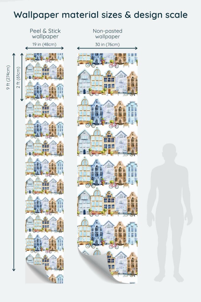 Size comparison of Amsterdam Peel & Stick and Non-pasted wallpapers with design scale relative to human figure